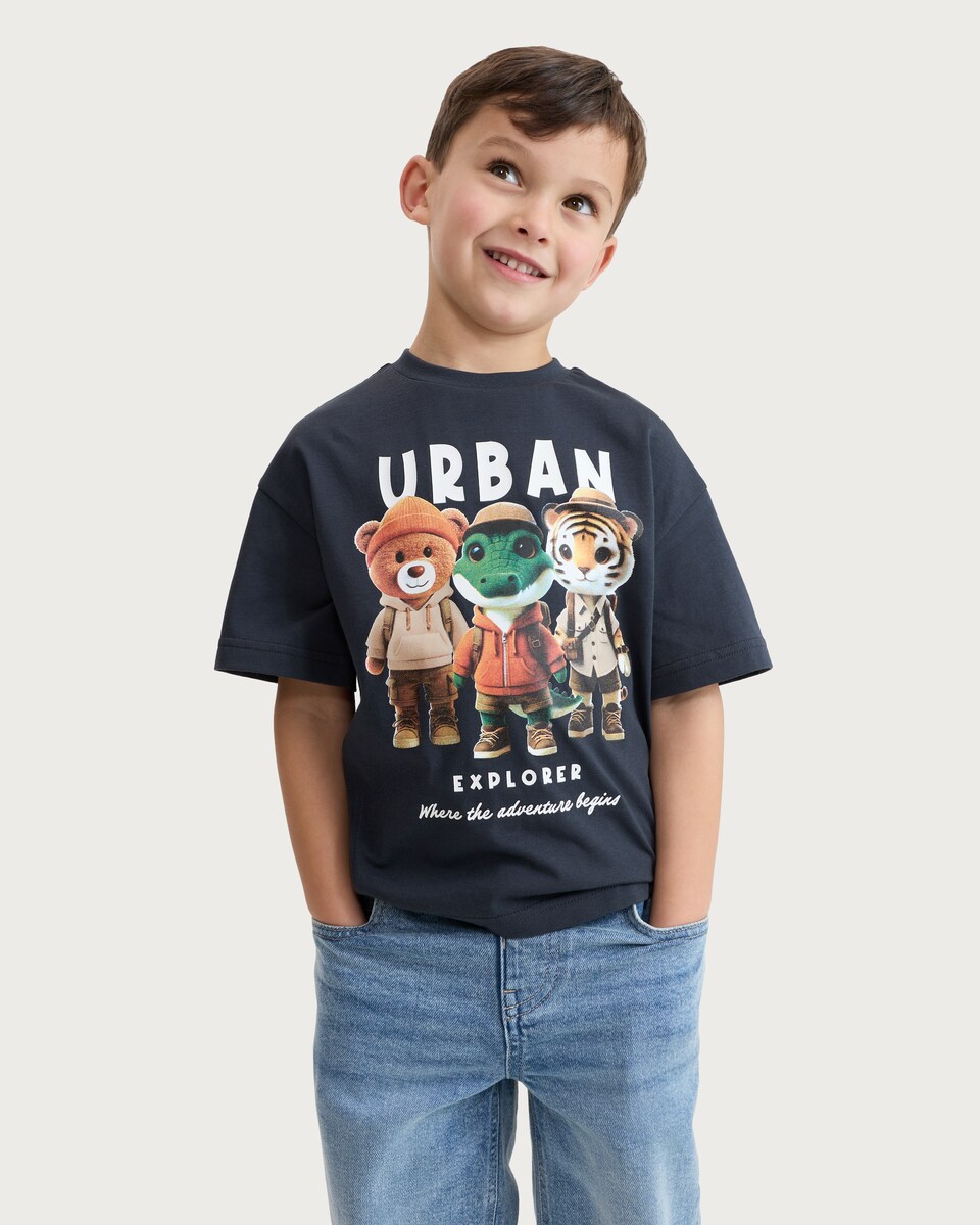 image 1 of F&F Boys Pure Cotton Urban Explorer Animal Short Sleeved T-Shirt in Grey