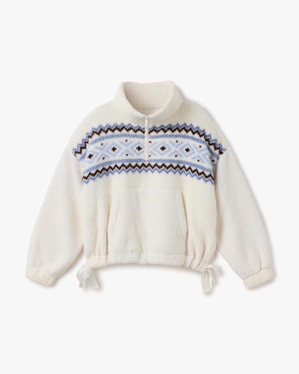 image 1 of F&F Fleece Fair Isle Half Zip Pyjama Top in Cream