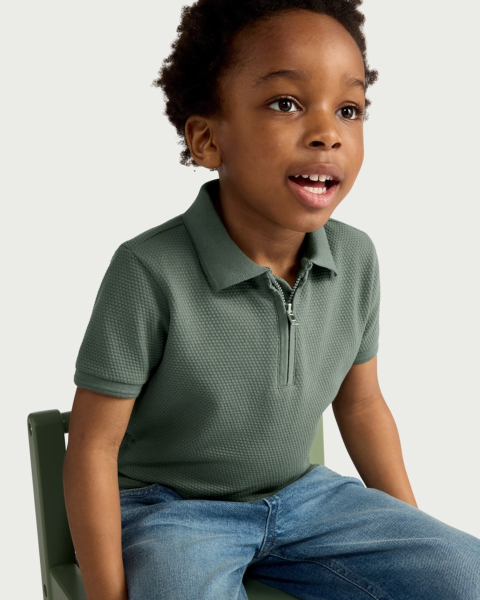 image 1 of F&F Boys Popcorn Textured Zip Neck Polo Shirt in Green