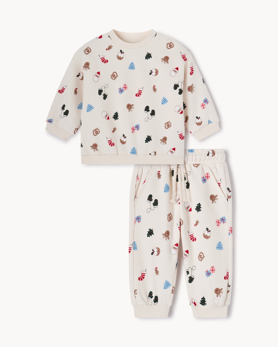 image 1 of Christmas Baby Cotton Rich Printed Sweatshirt and Joggers Set in Cream