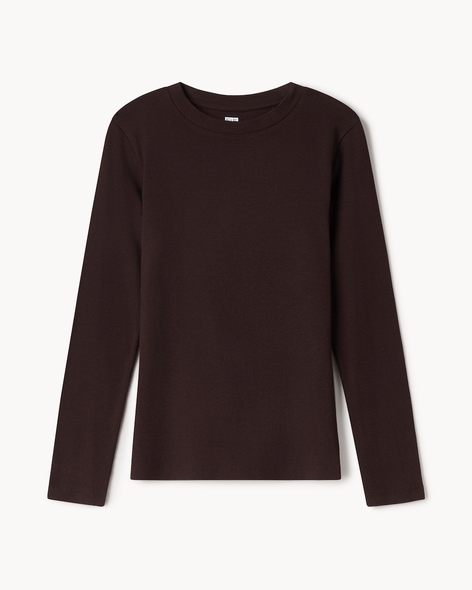 image 1 of F&F Cotton Rich Ribbed Long Sleeved Top in Chocolate