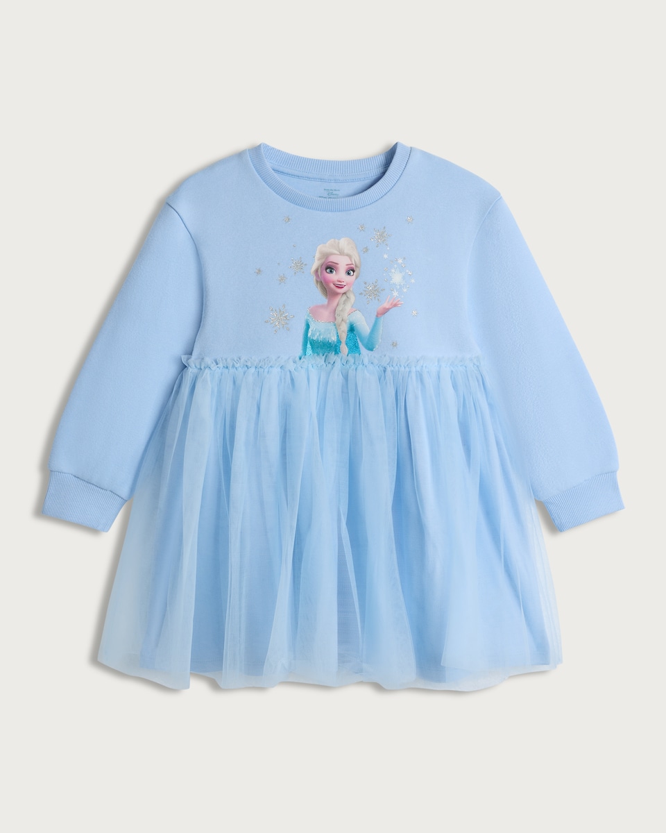 image 1 of Disney Frozen Elsa Cotton Rich Long Sleeved Sweatdress in Blue