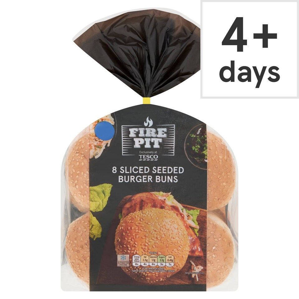 Tesco Fire Pit 8 Sliced Seeded Burger Buns Tesco Groceries 8711