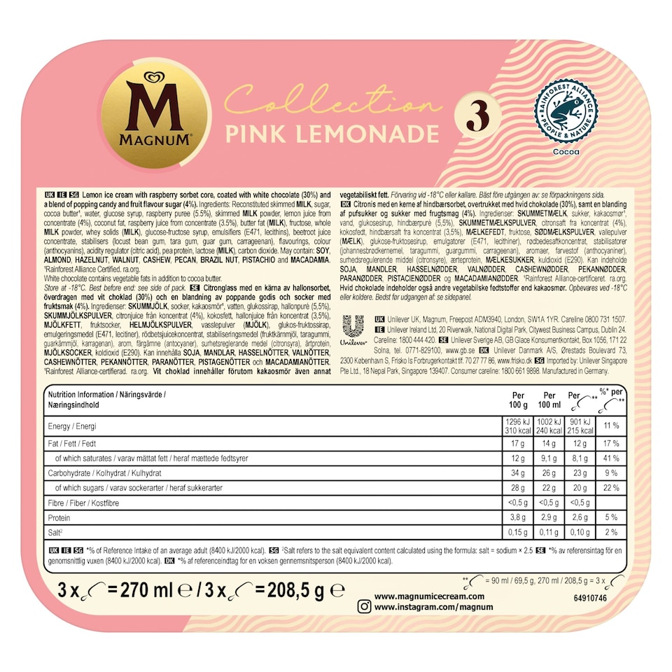 image 1 of Magnum Euphoria White Chocolate, Pink Lemonade Ice Cream Sticks 3x90ml