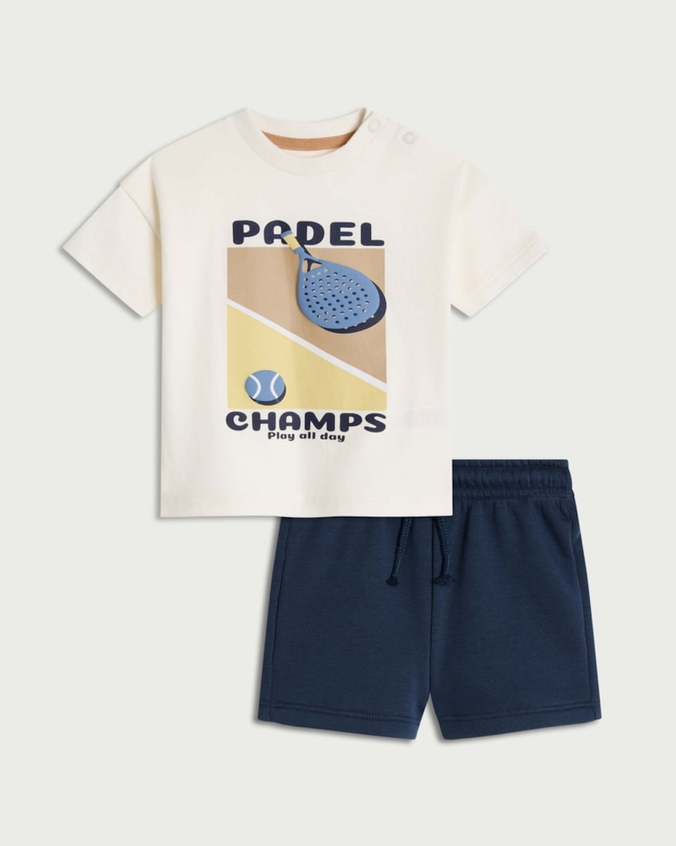 image 1 of F&F Baby 2-Piece Cotton Rich Padel Champs T-Shirt and Shorts Set in White