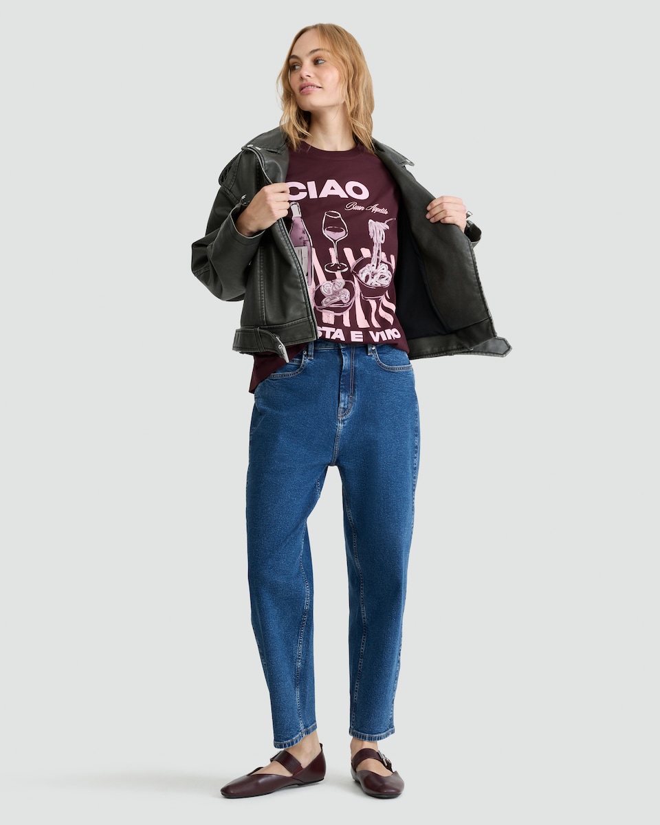image 1 of F&F Pure Cotton Ciao Pasta Print Oversized T-Shirt in Burgundy