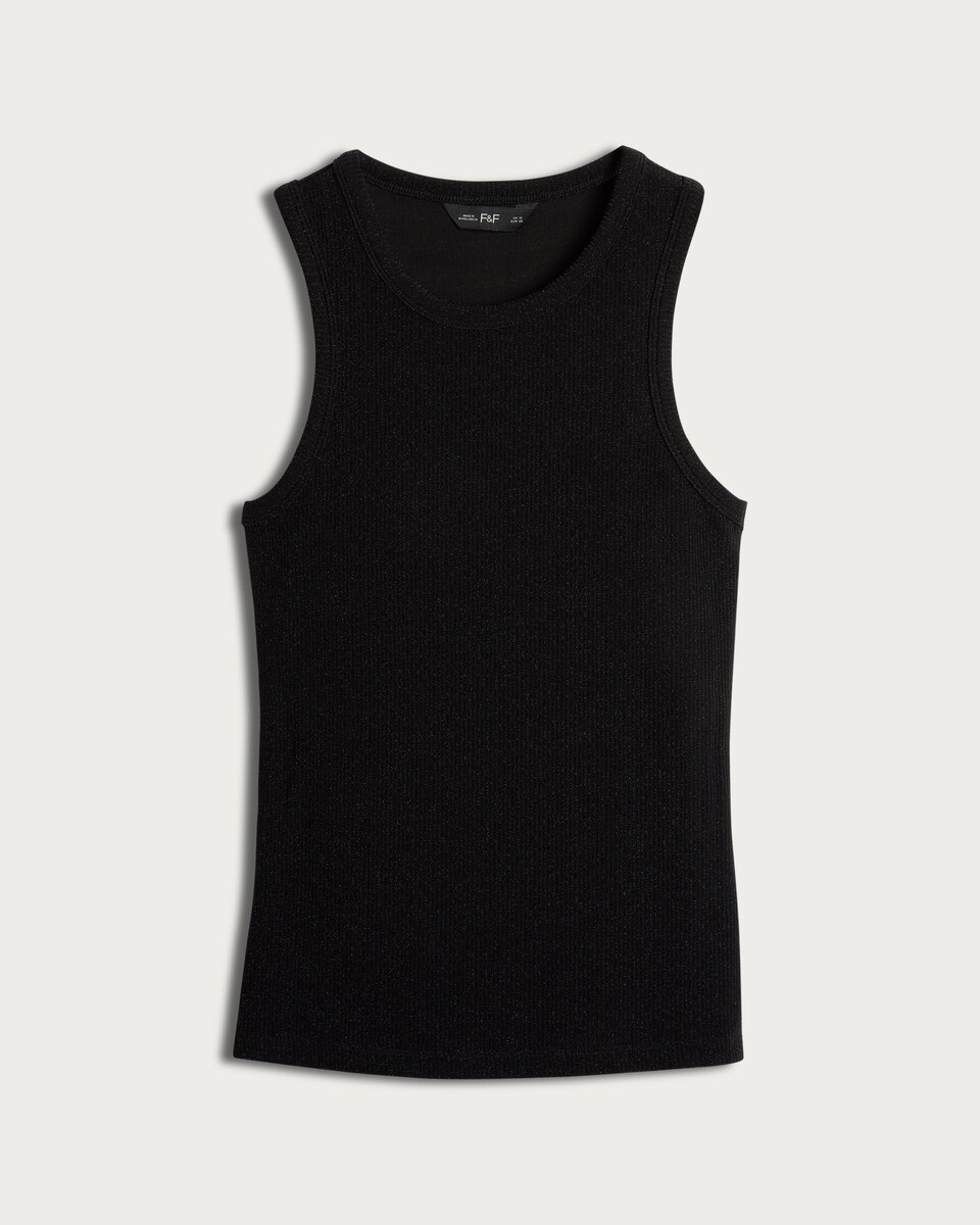 image 1 of F&F Lurex Ribbed Crew Neck Racer Vest in Black