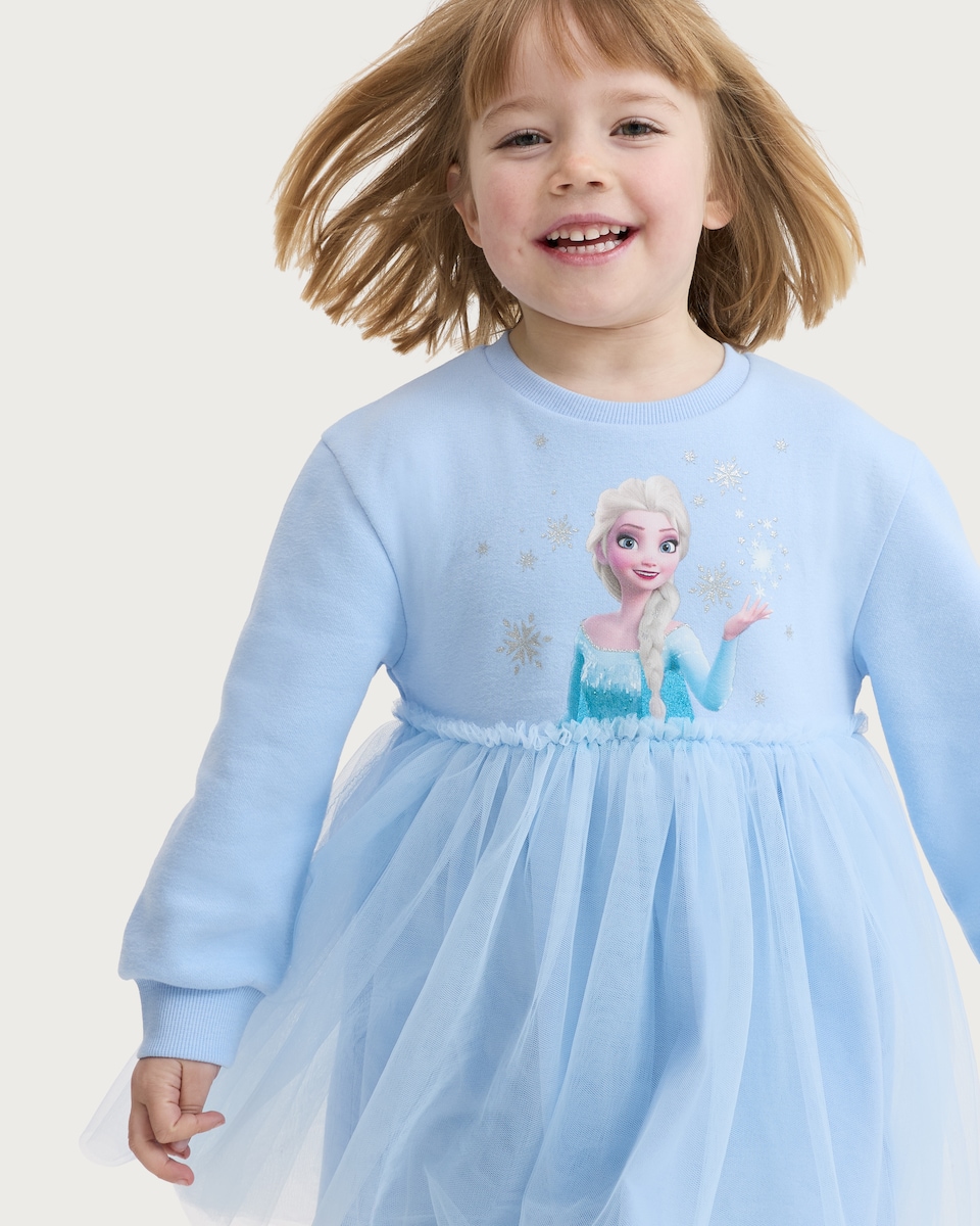 image 1 of Disney Frozen Elsa Cotton Rich Long Sleeved Sweatdress in Blue