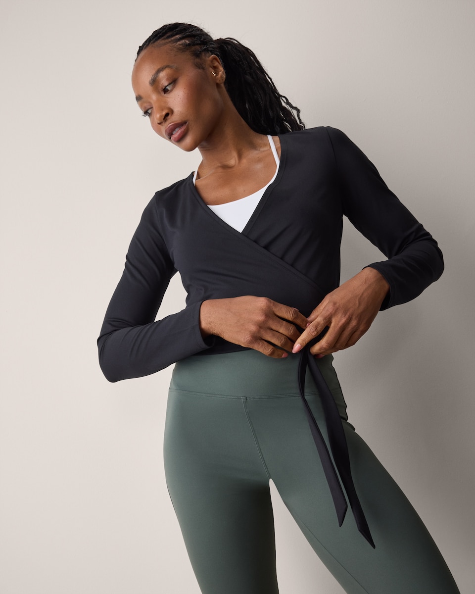 image 1 of F&F Active ULTRASTRETCH Wrap Long Sleeved Top in Black
