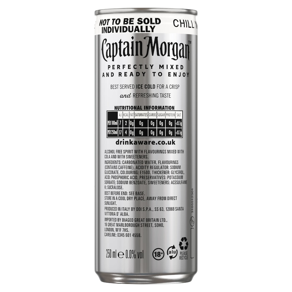 image 1 of Captain Morgan Spiced Gold Alcohol Free & Cola Ready To Drink Can 4x250ml