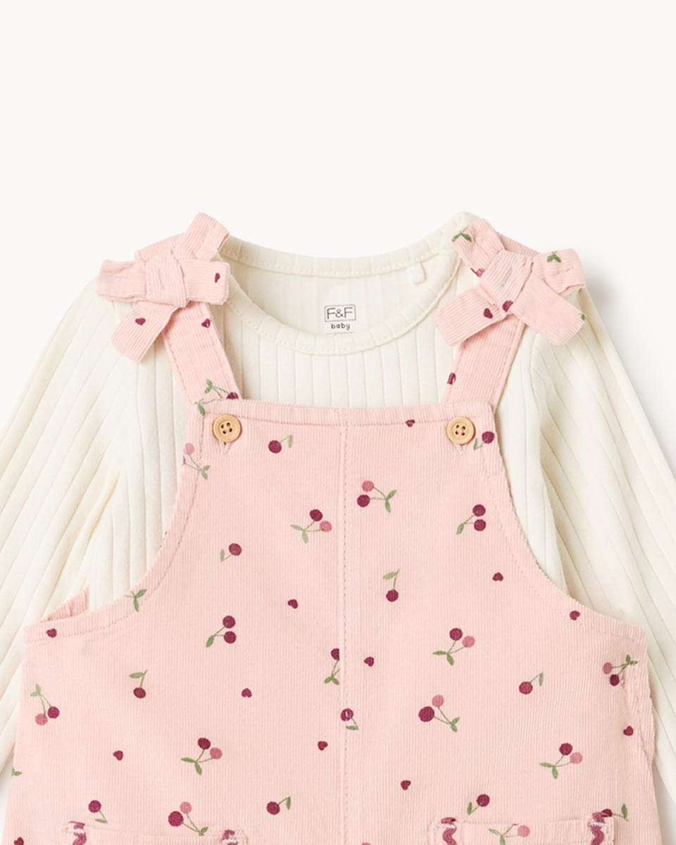 image 1 of F&F Baby Floral Dungarees, Bodysuit and Tights Set in Pink