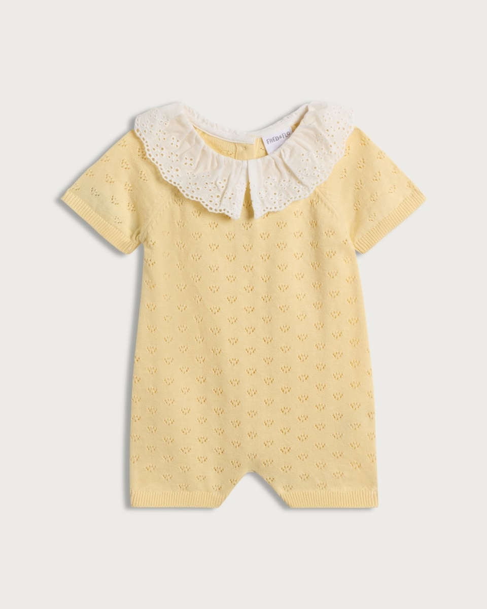 image 1 of F&F Baby Pure Cotton Pointelle Short Sleeved Romper in Yellow