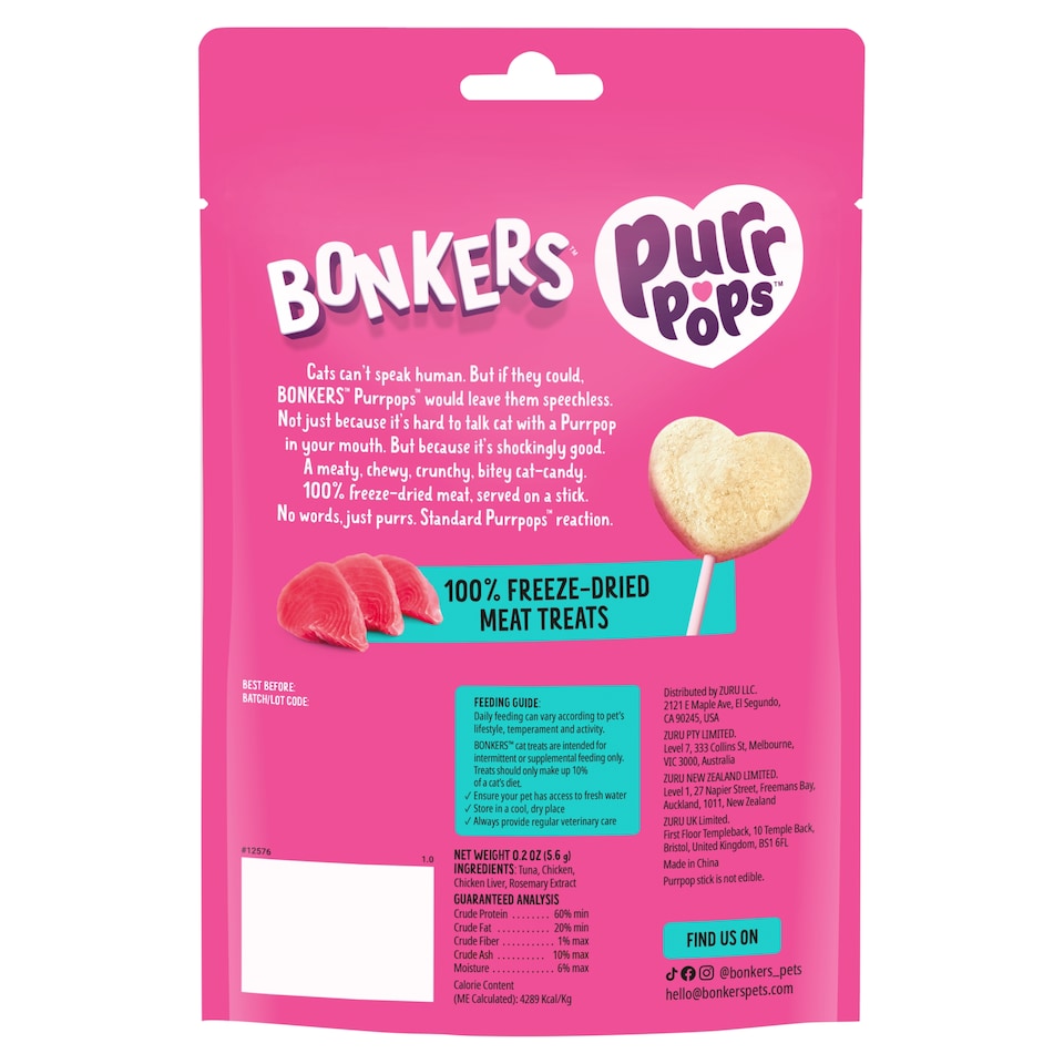 image 1 of Bonkers Purrpops Freeze-Dried Cat Treats - Tip Top Tuna 4 Pack 5.6g