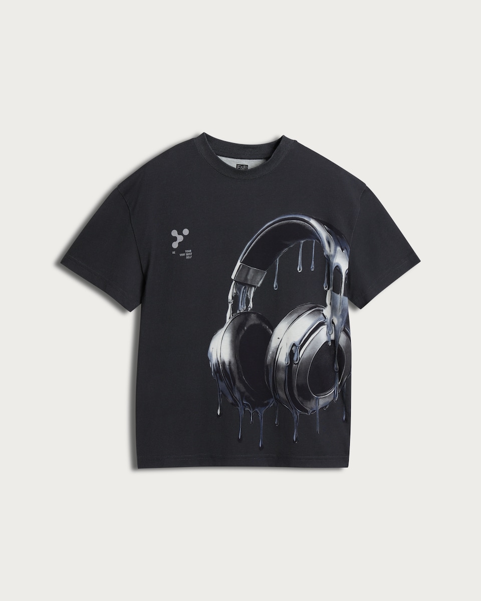 image 1 of F&F Boys Pure Cotton Dripping Headphones Oversized T-Shirt in Grey