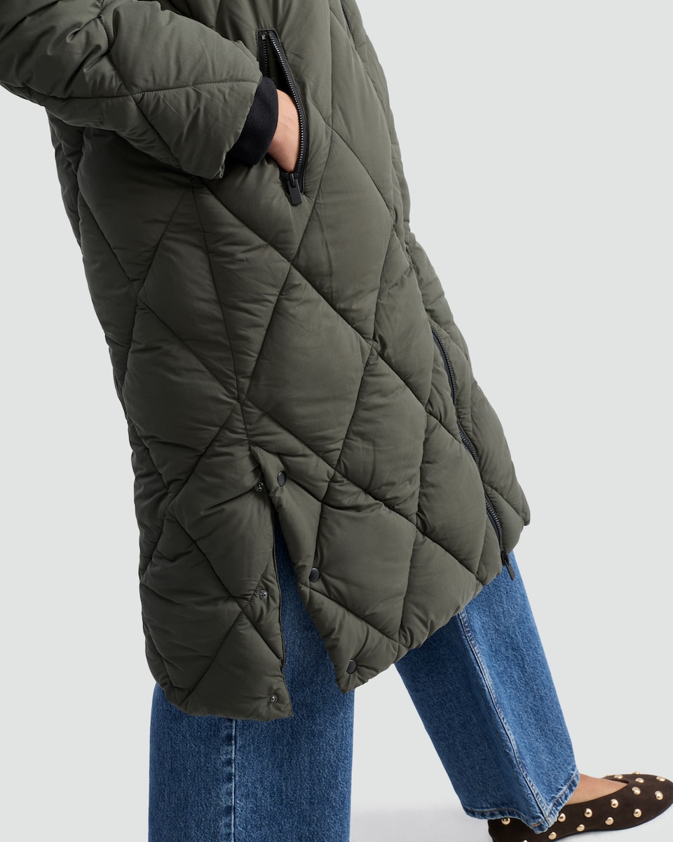 image 1 of F&F Quilted Longline Shower Resistant Zip Up Coat in Khaki