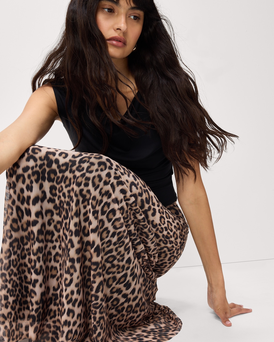 image 1 of F&F Mesh Leopard Print Midi Skirt in Multi Brown