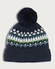 image 1 of F&F Knitted Fair Isle Fleece Lined Pom Pom Beanie in Navy