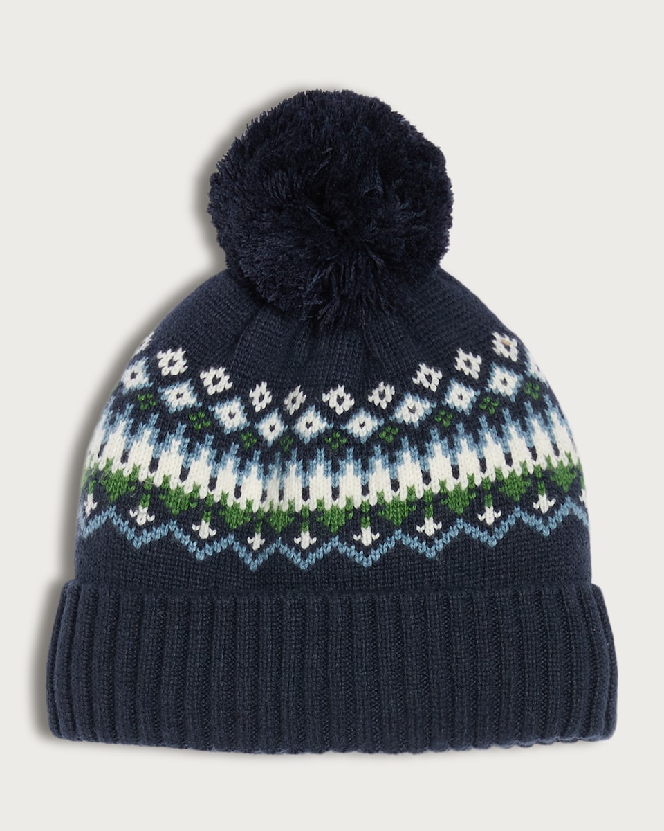 image 1 of F&F Knitted Fair Isle Fleece Lined Pom Pom Beanie in Navy