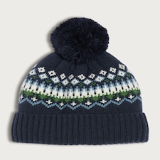 F&F Knitted Fair Isle Fleece Lined Pom Pom Beanie in Navy