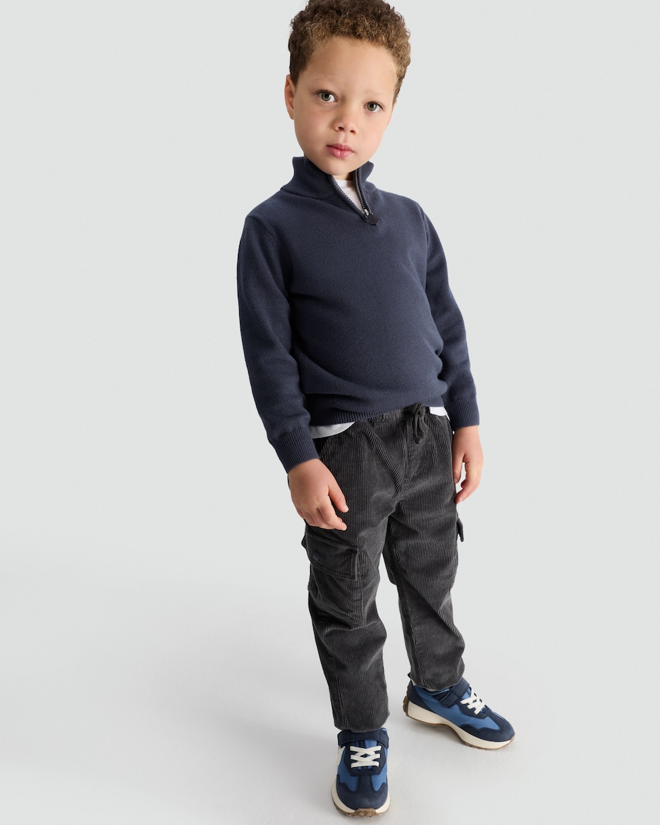 image 1 of F&F Boys Cotton Rich Corduroy Cuffed Cargo Trousers in Grey