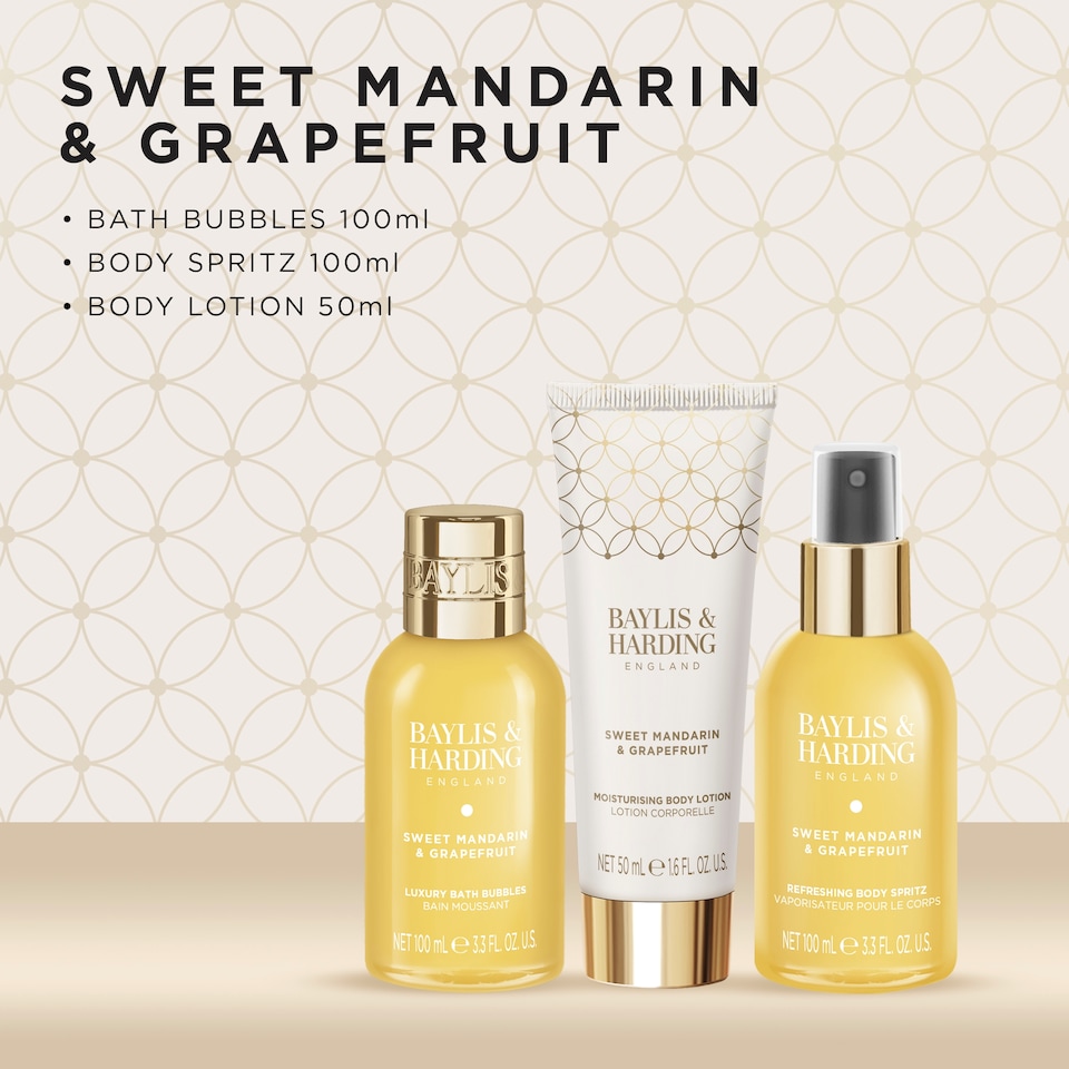 image 1 of Baylis & Harding Sweet Mandarin & Grapefruit Gift Wrapped Pamper Trio Gift Set