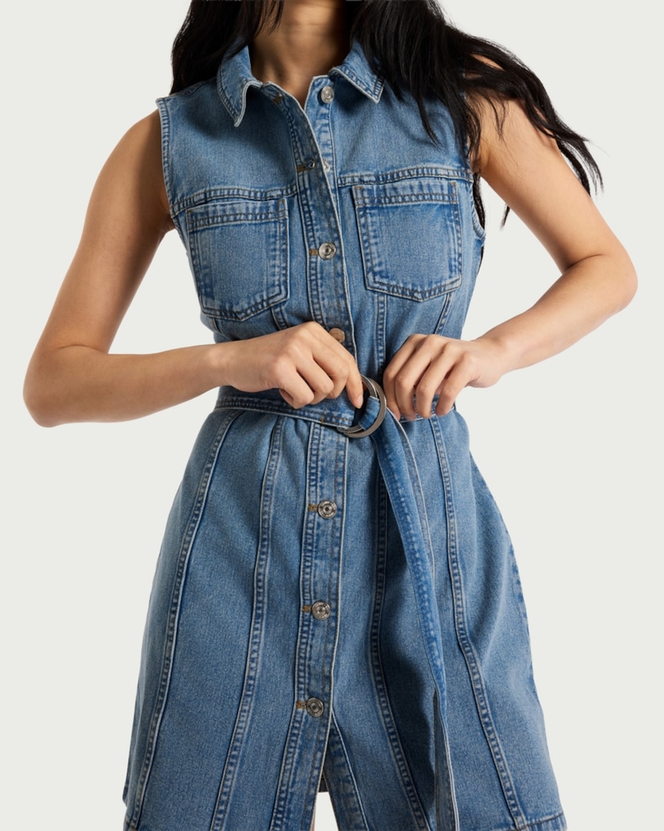 image 1 of F&F Pure Cotton Sleeveless Belted Denim Dress in Blue