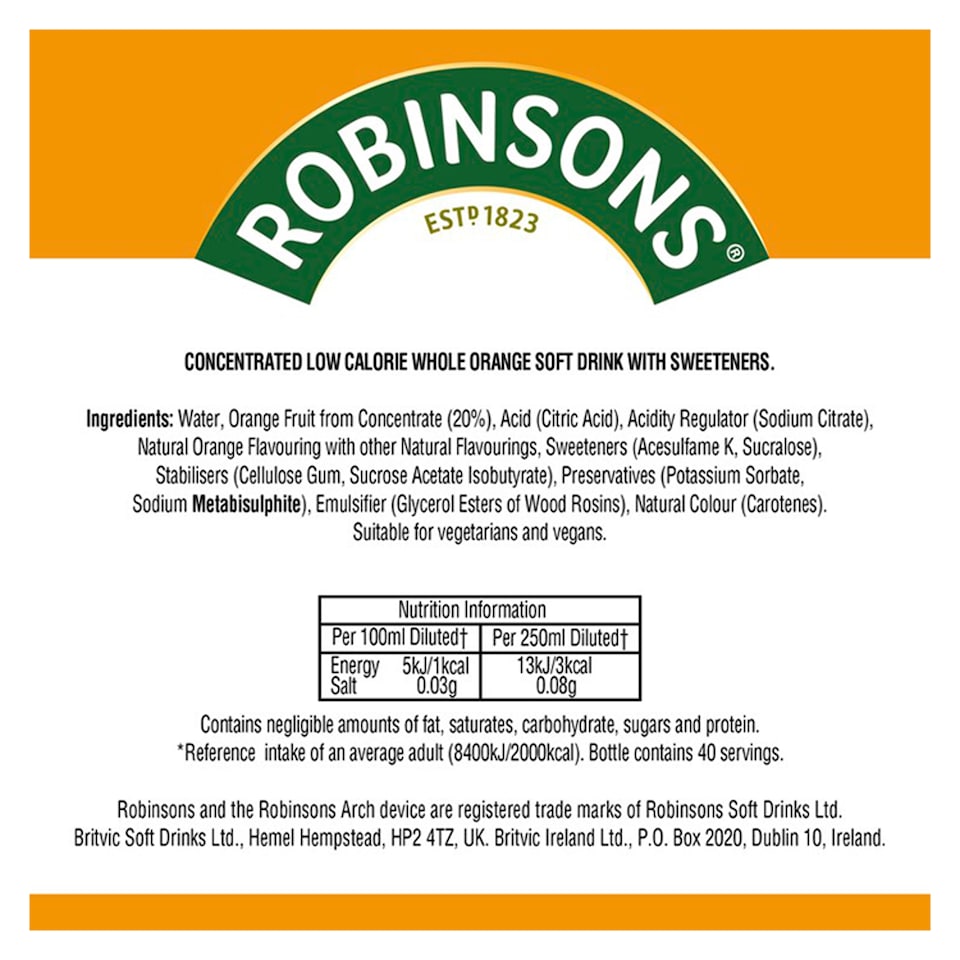 image 1 of Robinsons Double Strength Orange No Added Sugar Squash 1L
