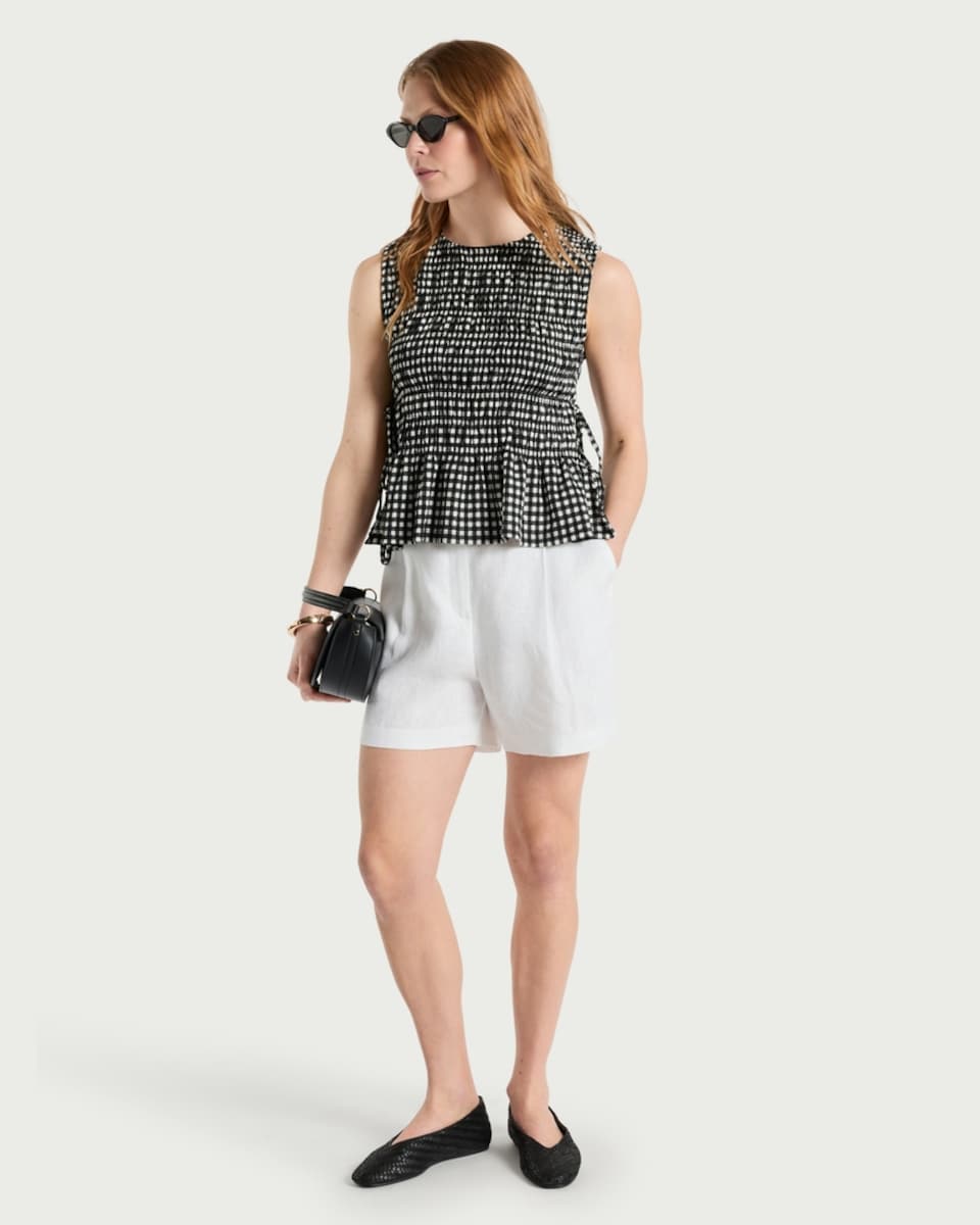 image 1 of F&F Gingham Tie Side Shirred Sleeveless Top in Multi Black White