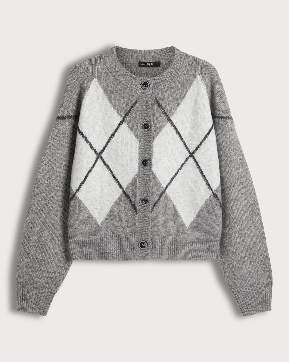 image 1 of F&F Knitted Argyle Print Button Up Cardigan with Wool in Grey