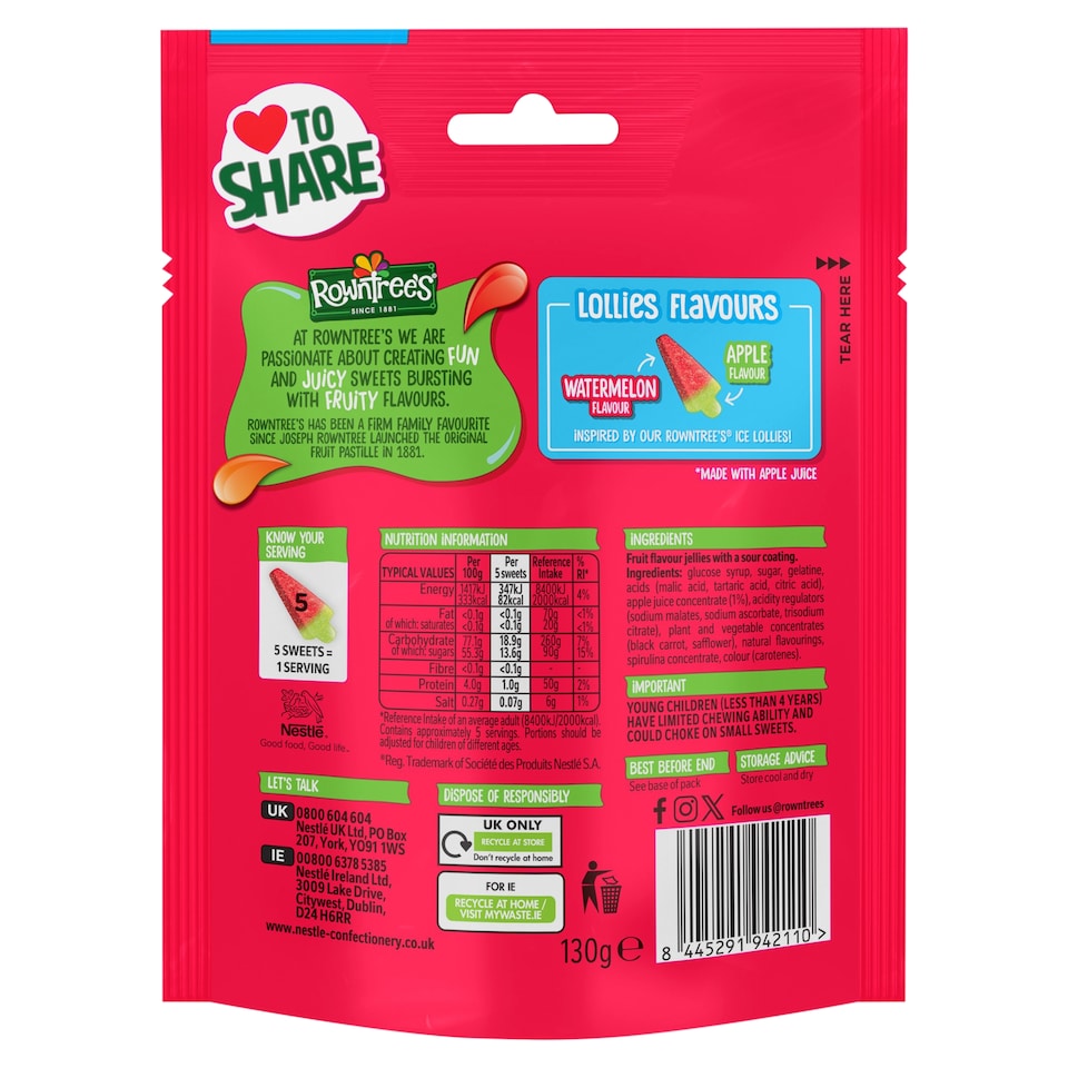 image 1 of Rowntrees Sour Watermelon Flavour Lollies 130g