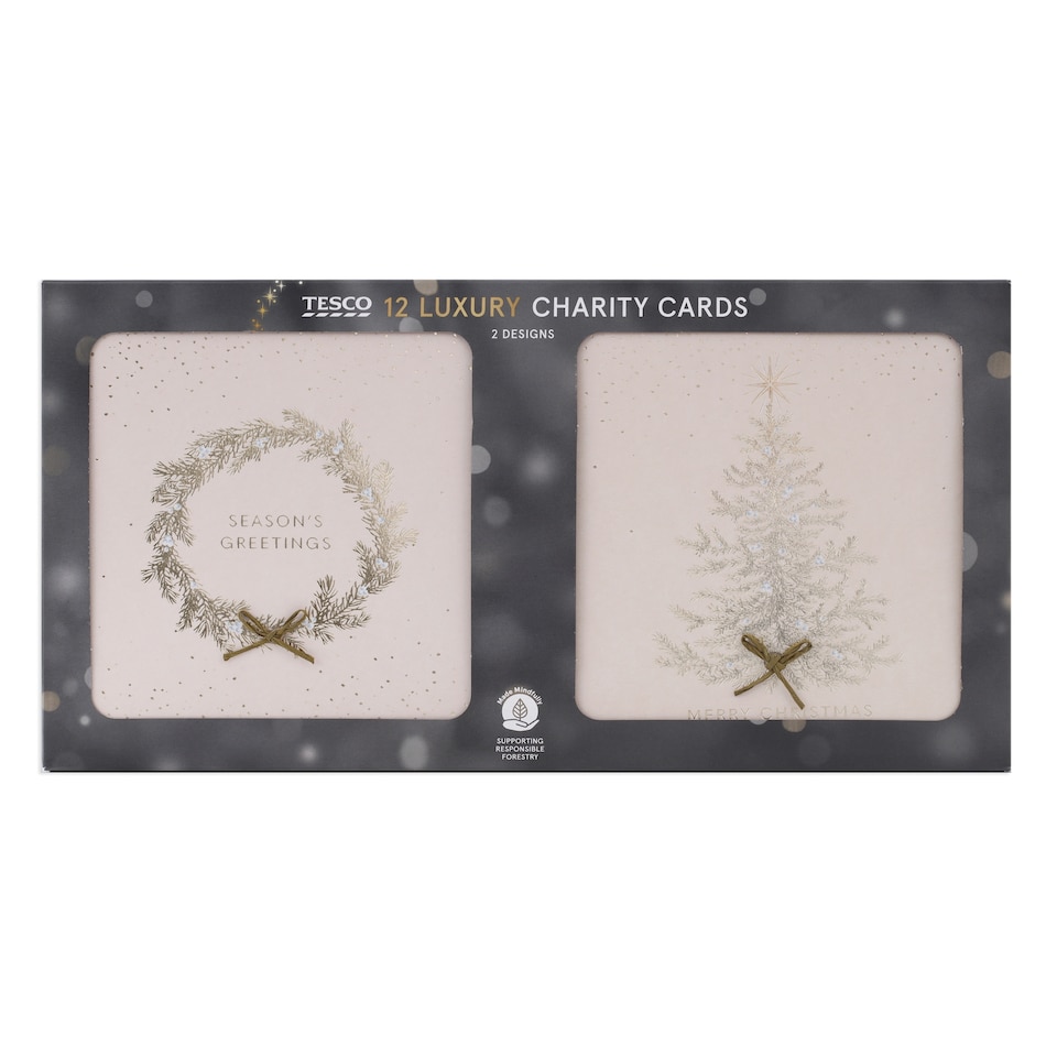 Tesco Luxury Gold Tree & Wreath Christmas Cards 12 Pack