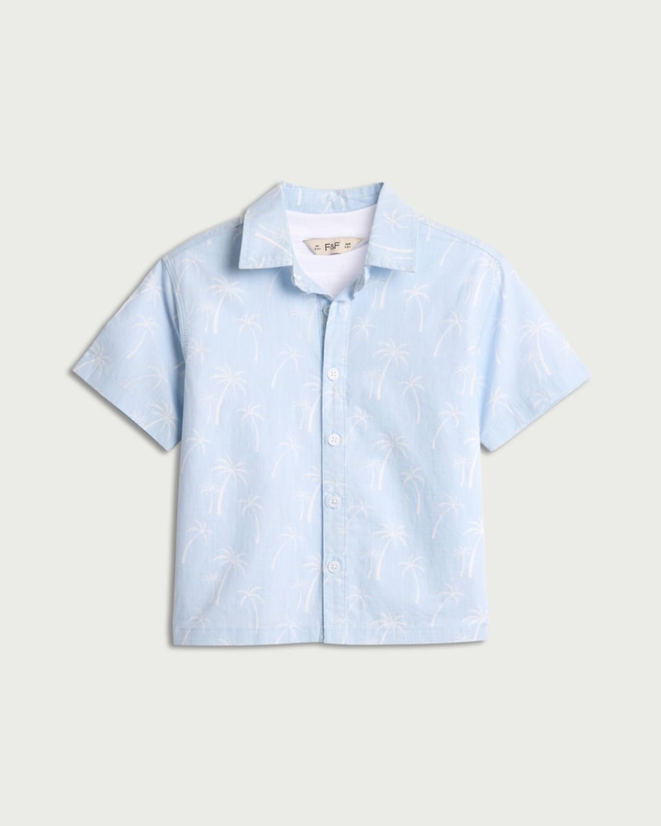 image 1 of F&F Boys 2-Piece Palm Tree Print Shirt and T-Shirt Set in Blue