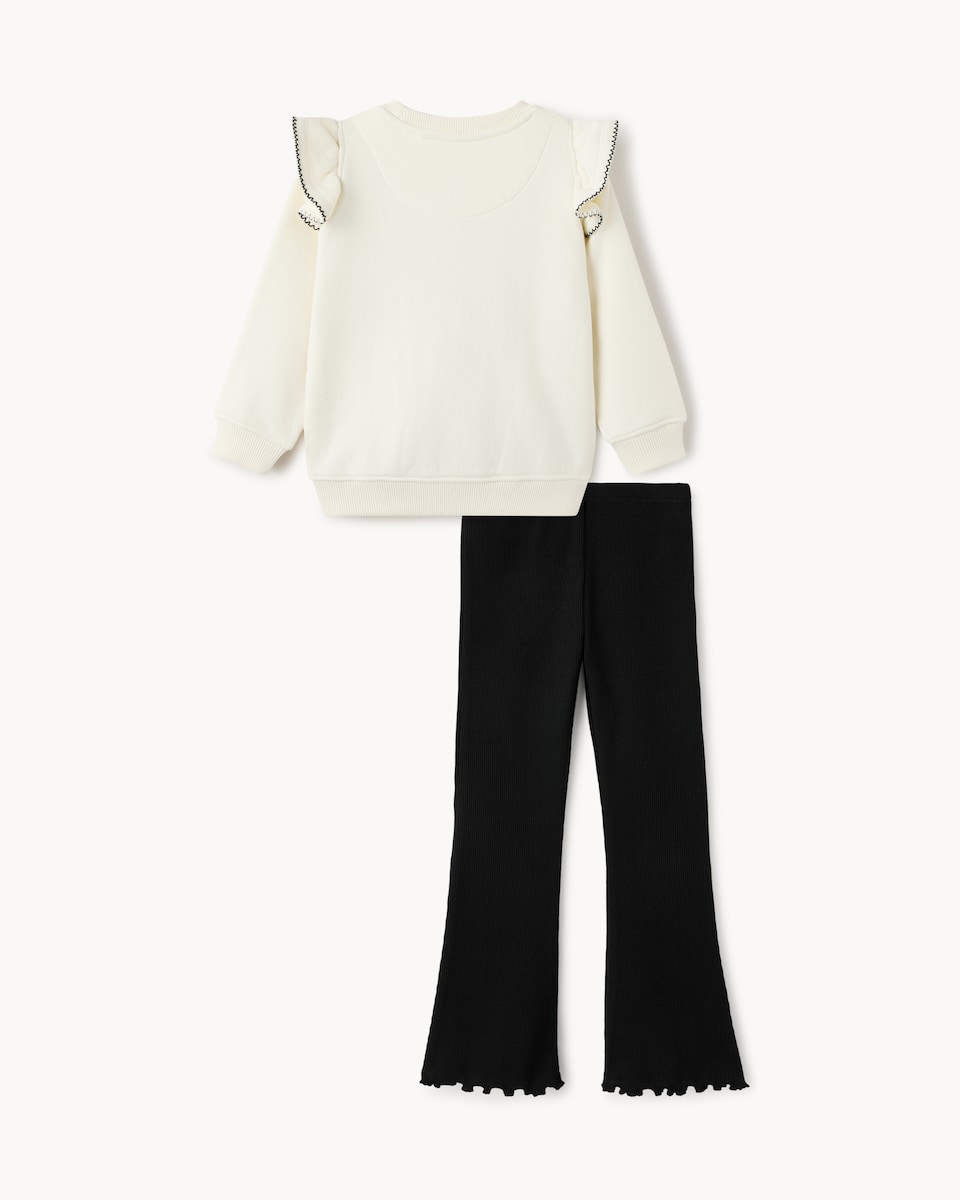 image 1 of F&F Girls Cotton Rich Frill Jumper and Flared Leggings Set in Cream