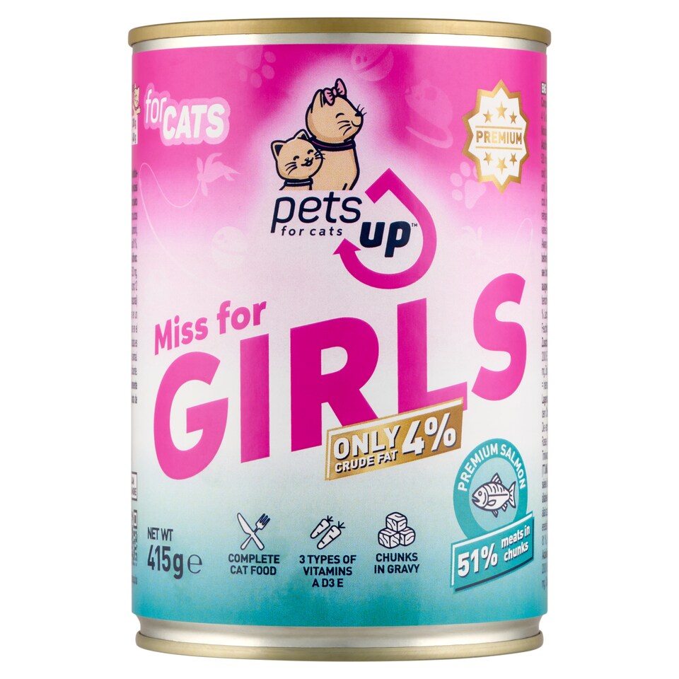 PetsUp Miss for Girls teljes értékű nedves állateledel felnőtt macskáknak lazaccal, szószban 415 g  1. kép