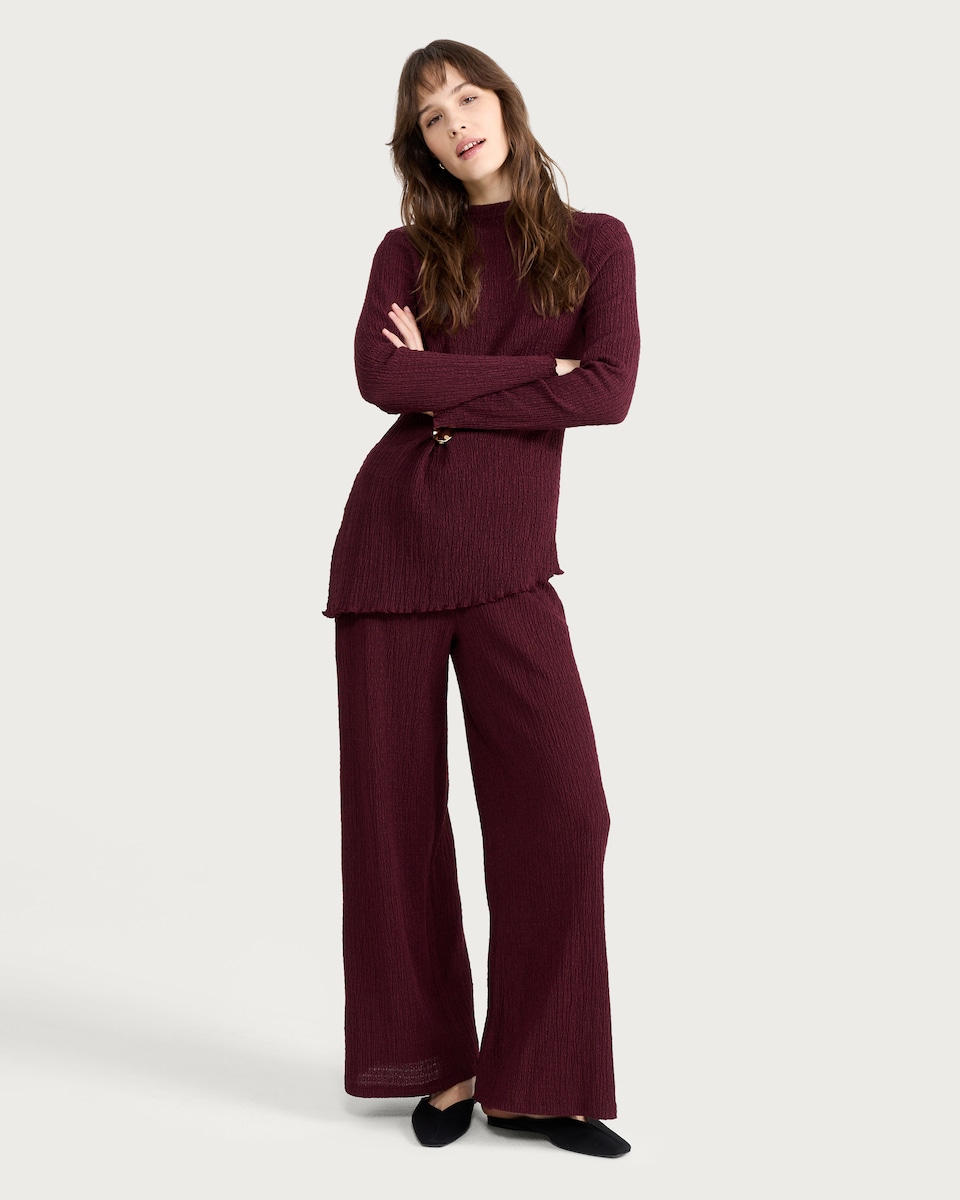 image 1 of F&F Textured Wide Leg Co-ord Trousers in Burgundy