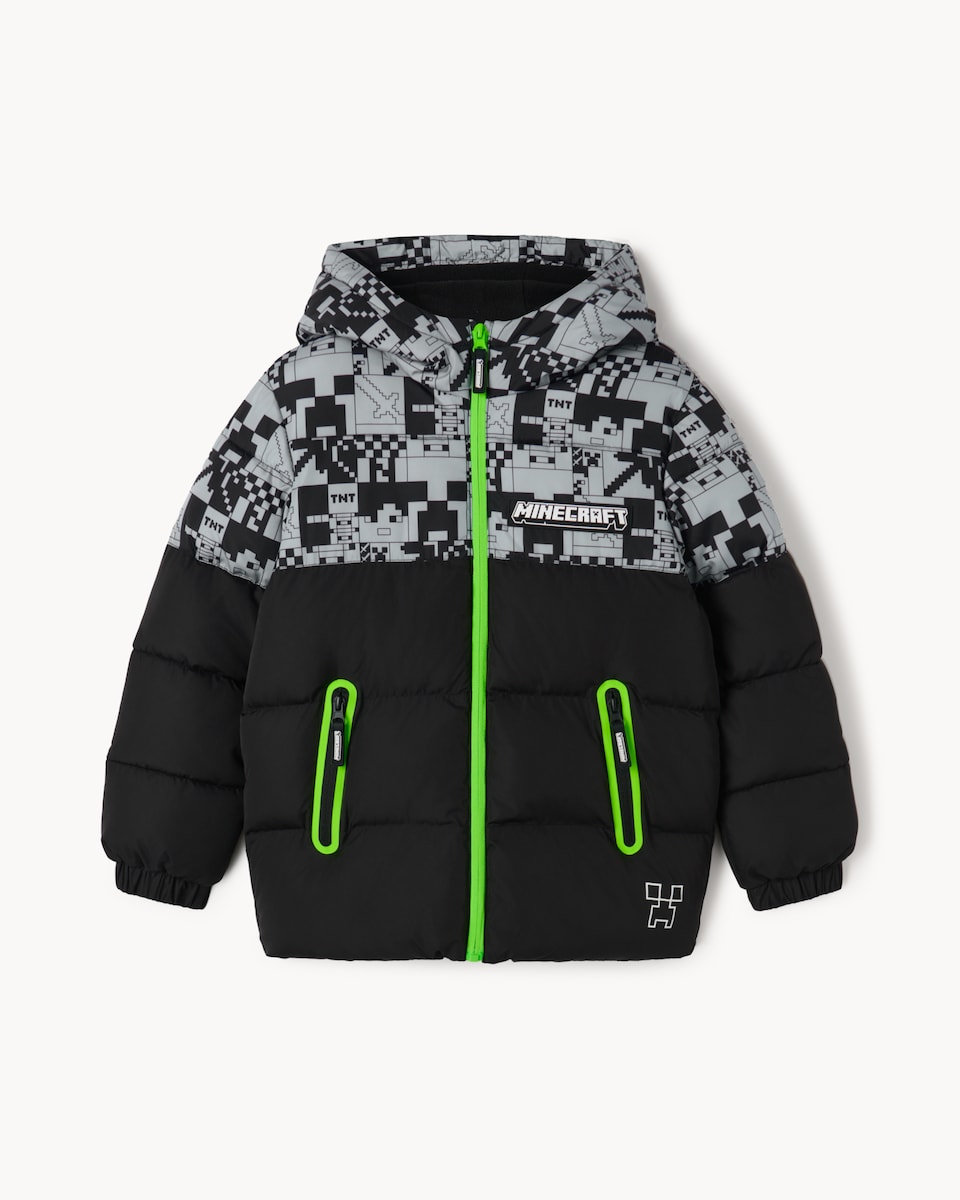 image 1 of Minecraft Printed Zip Up Puffer Coat in Black
