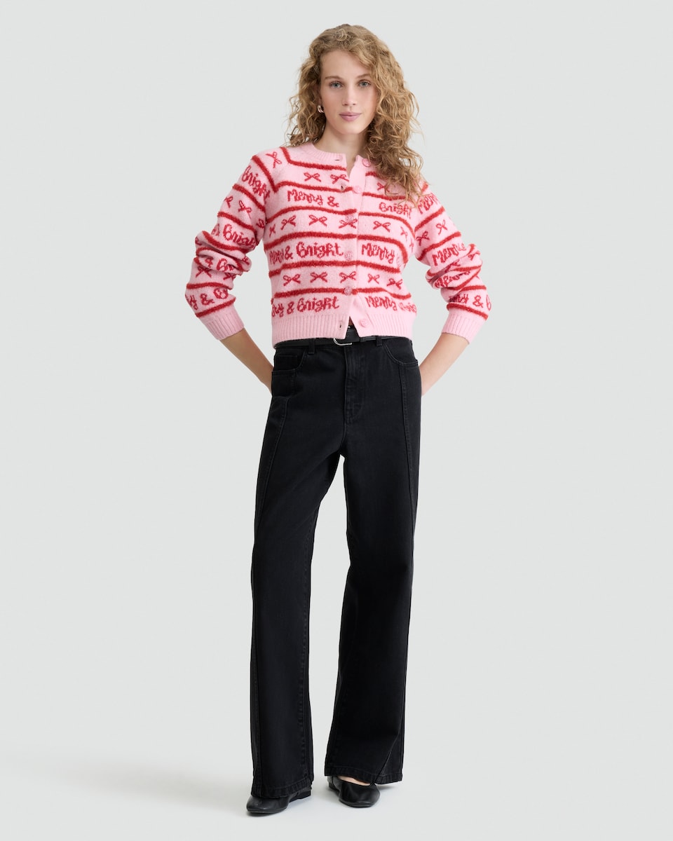 image 1 of F&F Knitted Merry & Bright Button Front Cardigan in Pink