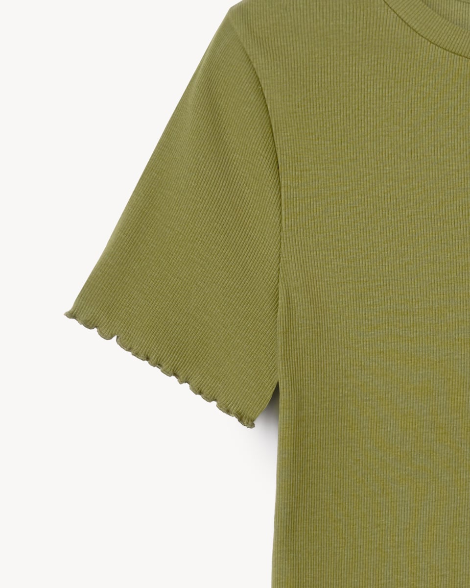 image 1 of F&F Cotton Rich Lettuce Hem T-Shirt in Olive