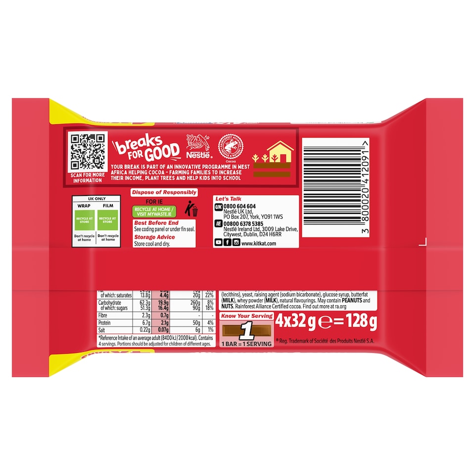 image 1 of Kit Kat Chunky 4 Snacksize Bars 128G