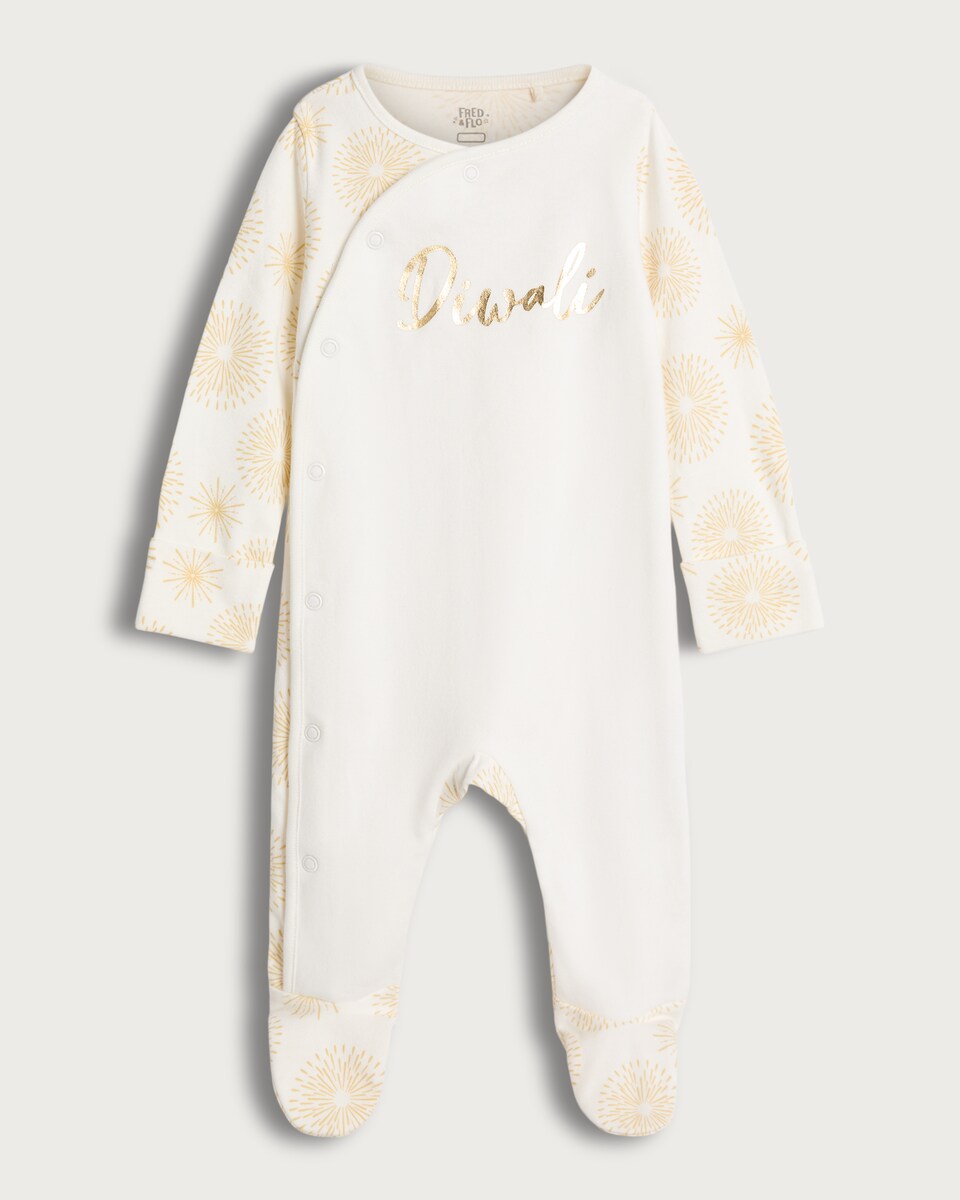 image 1 of F&F Baby Pure Cotton Diwali Print Long Sleeved Sleepsuit in White