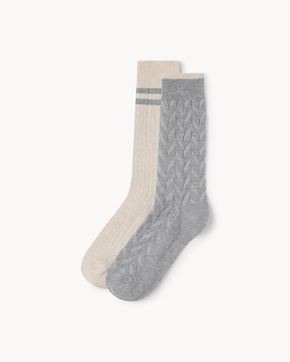 F&F 2-Pack WARMPLUS™ Medium Warmth Cable Knit Thermal Socks in Neutral
