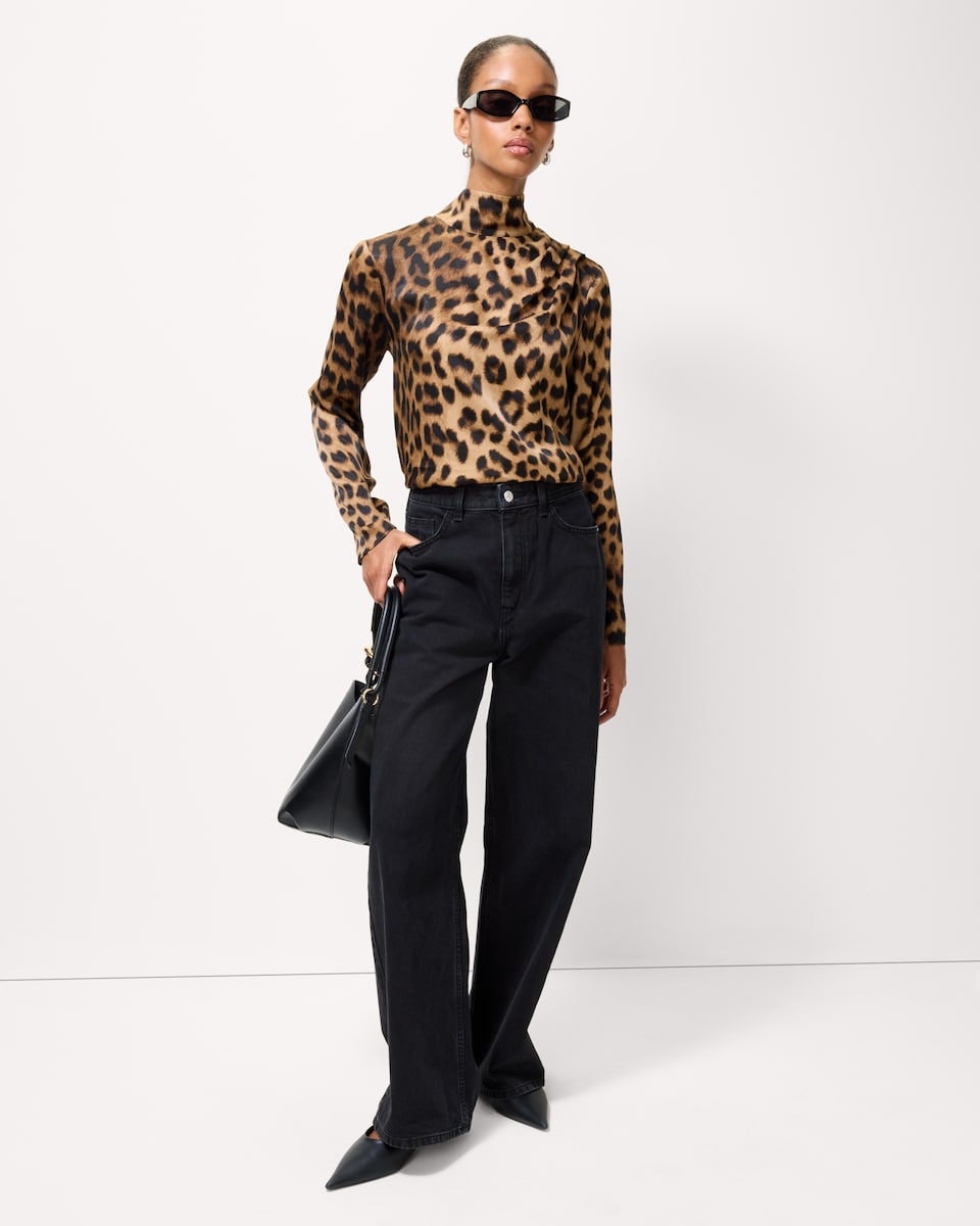 image 1 of F&F Leopard Print High Neck Blouse in Multi Brown