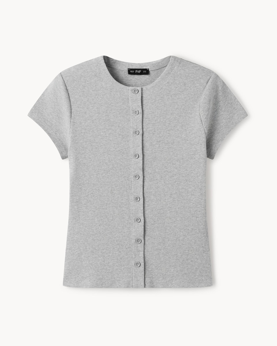 image 1 of F&F Cotton Rich Ribbed Button Up Top in Grey