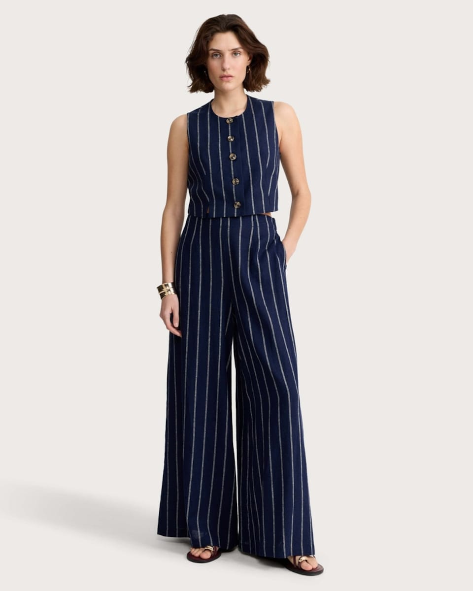 image 1 of The F&F Edit Linen Rich Stripe Super Wide Leg Trousers in Navy