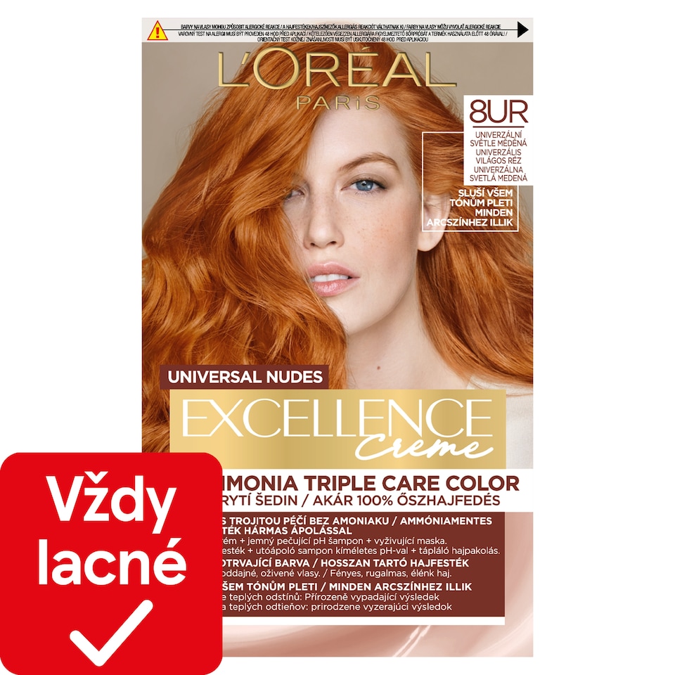 L'Oréal Paris Excellence Nudes Copper 8 UR Univerzálna svetlá medená, 72 ml + 48 ml + 12 ml + 60 ml