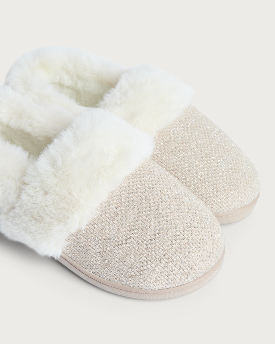 image 1 of F&F Textured Lurex Faux Fur Lined Slippers in Neutral