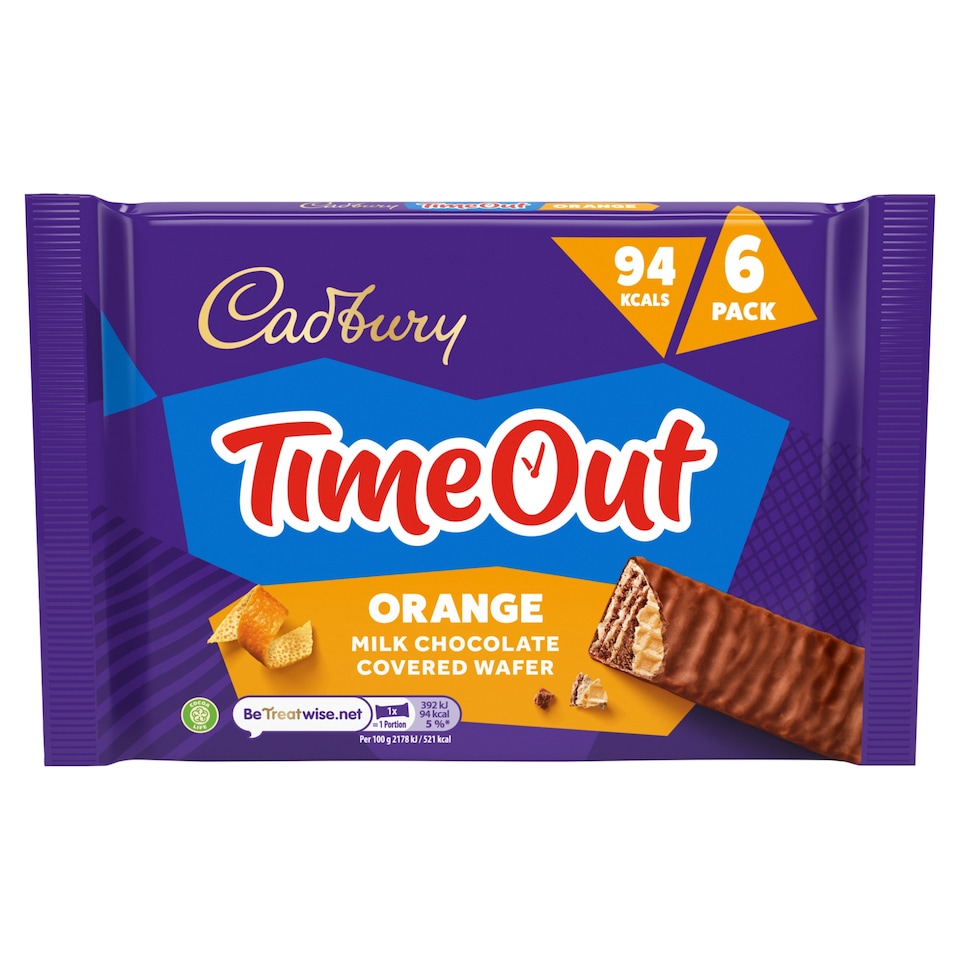 Cadbury TimeOut Orange Milk Chocolate Covered Wafer 6 Pack 108g