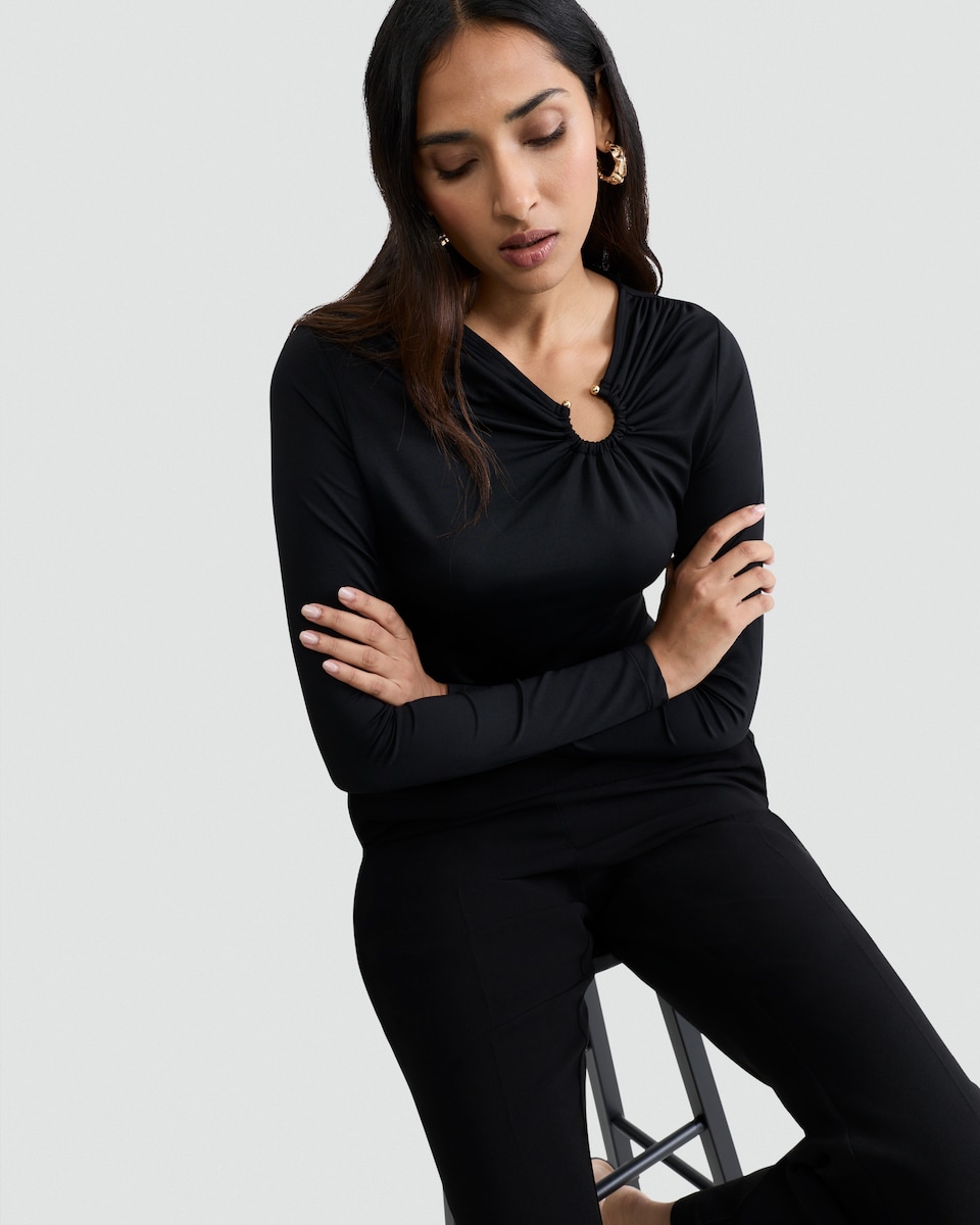 image 1 of F&F Polyamide Ring Detail Long Sleeved Top in Black