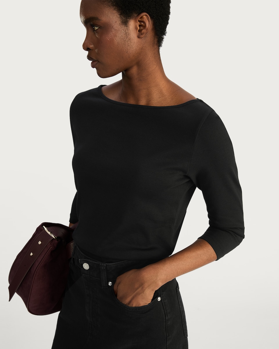 image 1 of F&F Ribbed Boat Neck Top in Black