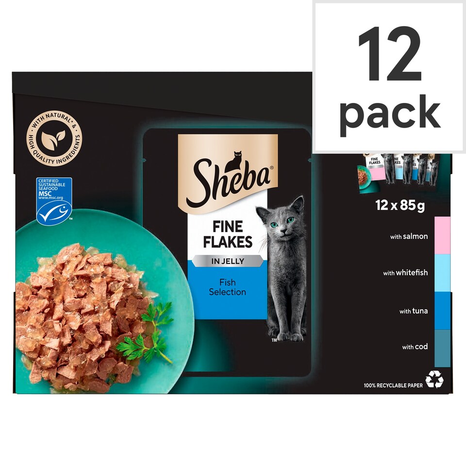 Sheba Fine Flakes Wet Cat Food Pouches Fish in Jelly 12x85g